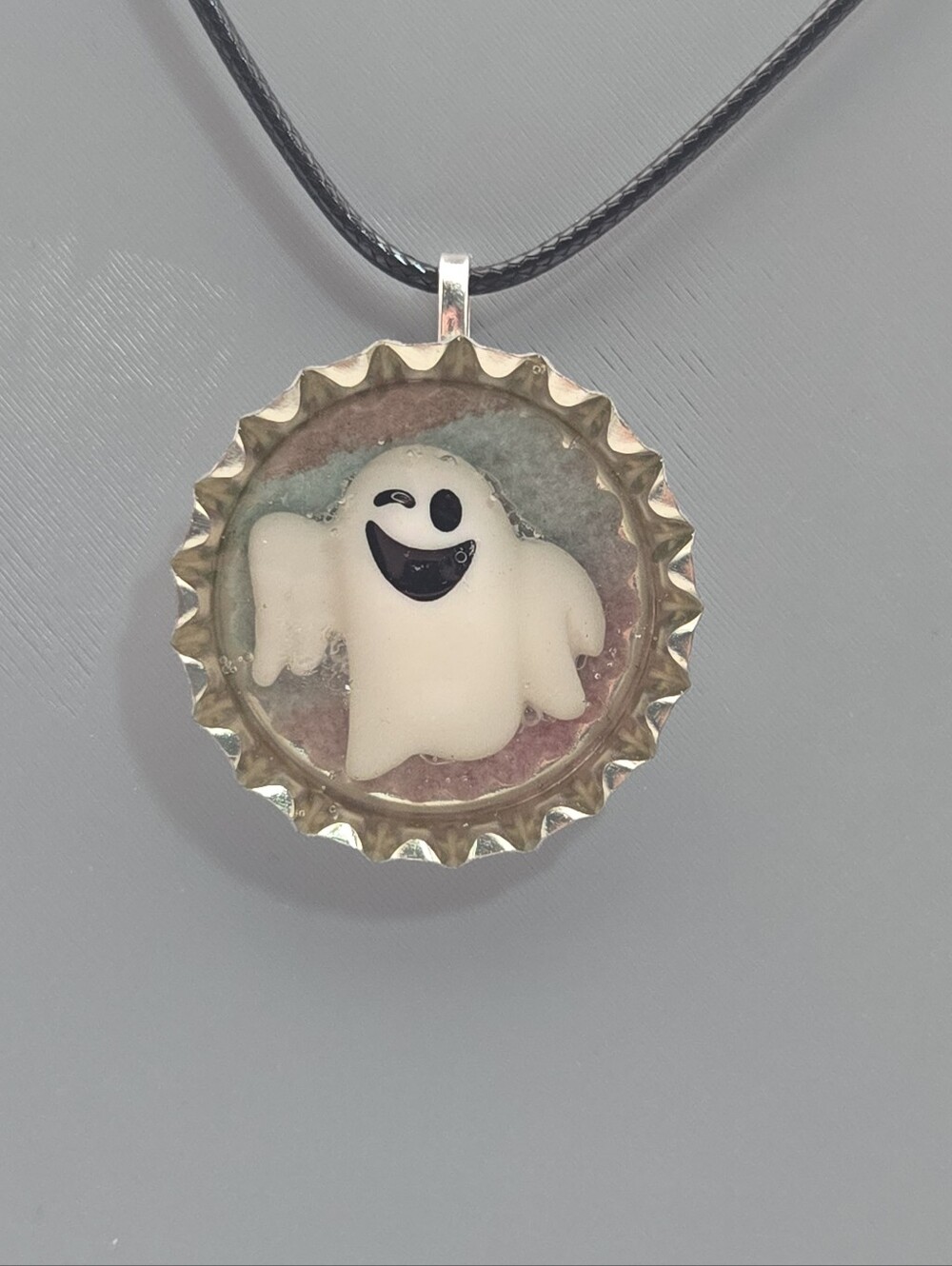 Handmade White Ghost Bottle Cap Necklace